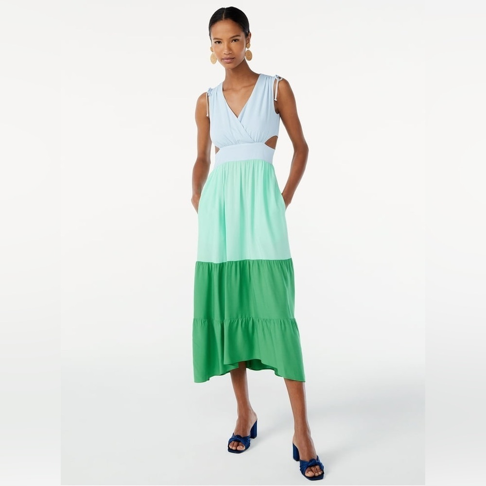 Scoop Green & Blue Color Block Sleeveless Maxi Dress with Side Cutouts Size XS